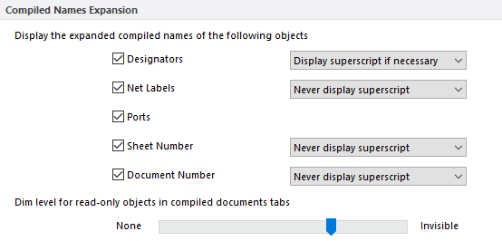Configure the display of compiled object names, superscripts are helpful for component designators.