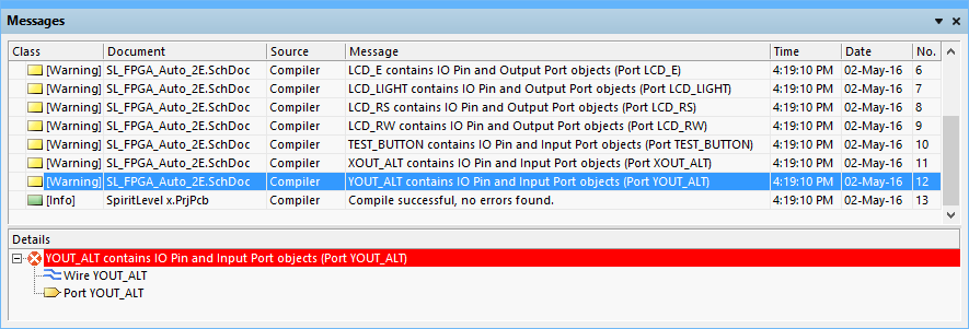 The Messages panel displays the detected warnings and errors detected in the Spiritlevel example project, after the Error Reporting and Connection Matrix settings were set to defaults.