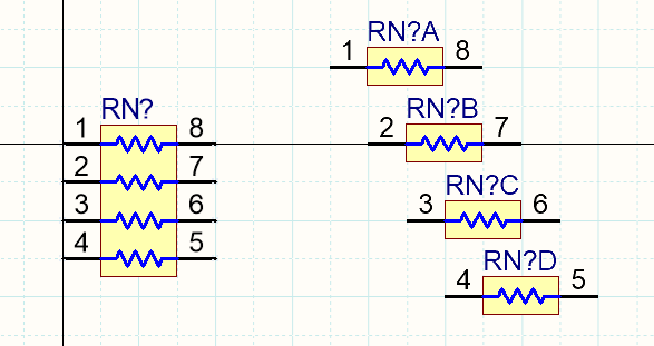 The same resistor network, shown as a single part on the left, and as 4 separate parts on the right.