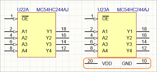 This HC244 has hidden power pins, which have been displayed on the instance on the right. Edit the pin to make it hidden and assign the net it is to connect to.