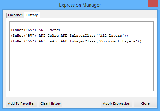 The History tab of the Expression Manager dialog.