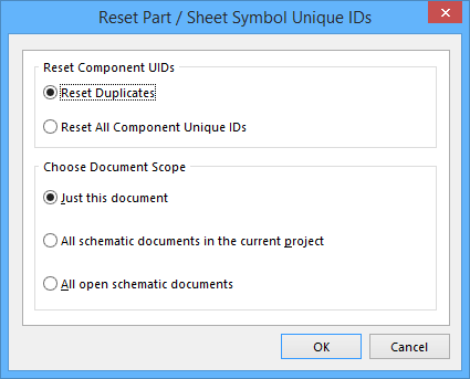 The Reset Part and Sheet Symbol Unique IDs dialog.