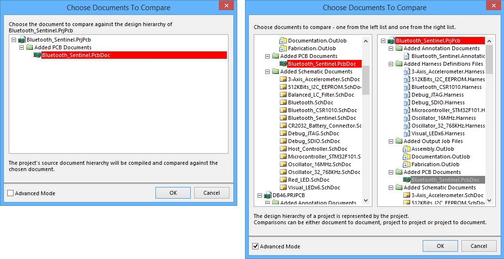 The Choose Documents To Compare dialog, shown in basic (left) and advanced (right) modes.
