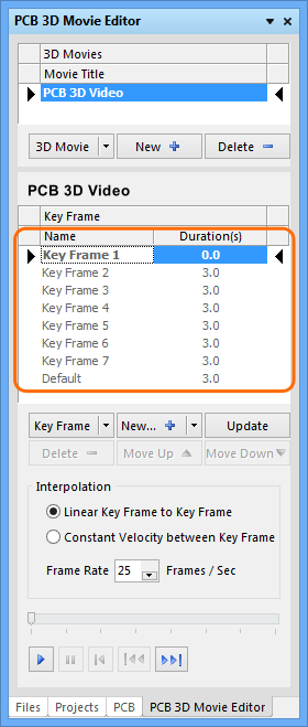 Key Frames defined in the Movie Editor define static 3D views for an exported 3D PDF document.