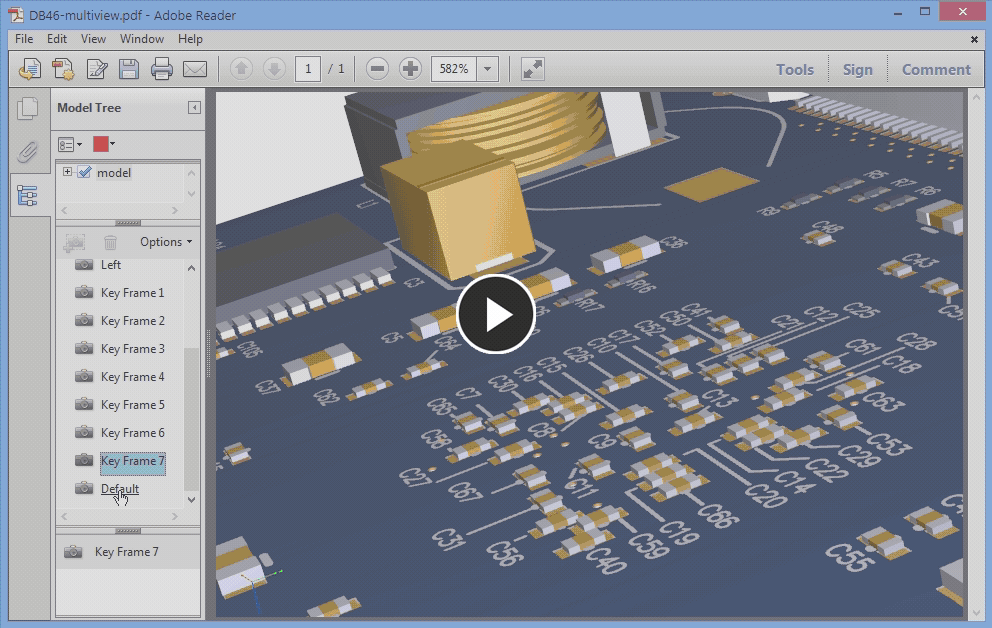Video: Custom Key Frame views created in Altium Designer's PCB 3D Movie editor can be included as selectable views in an exported PDF 3D document.