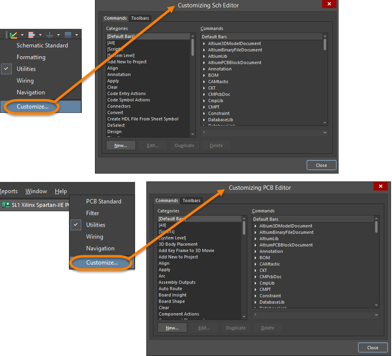 访问“自定义编辑器”对话框：顶部图像 - 从原理图访问“实用工具”工具栏；底部图像 - 从PCB访问菜单栏。