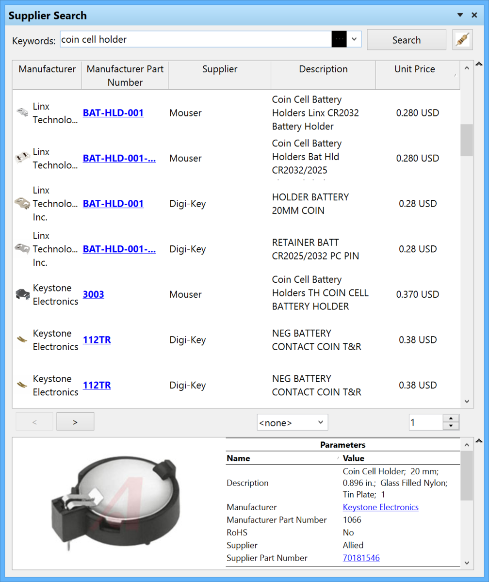 The Supplier Search panel showing the results of a 'coin cell holder' search.