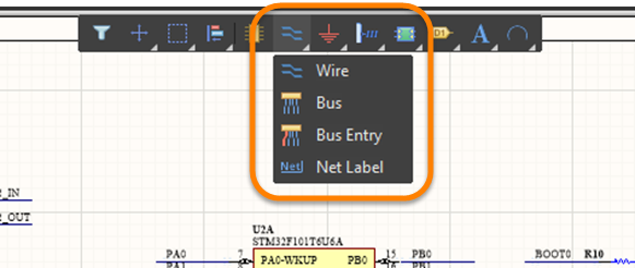 Новая панель Active Bar документа схемы с раскрытым меню Place Wire (Поместить проводник)
