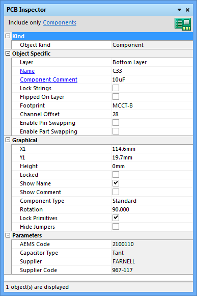 Select PCB objects to populate the PCB Inspector panel with objects to be viewed or edited.