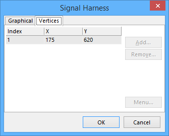 Signal Harness dialog - Vertices tab.