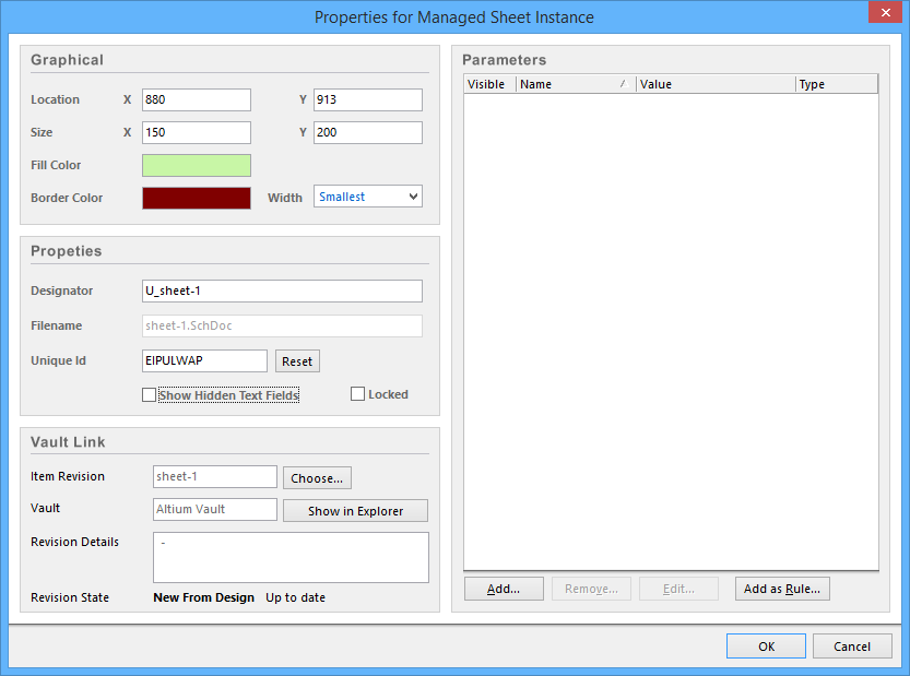 The Properties for Managed Sheet Instance dialog.