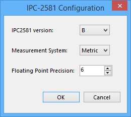 Define export settings in the IPC-2581 Configuration dialog.