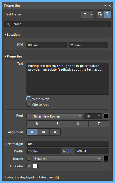 The Text Frame mode of the Properties panel