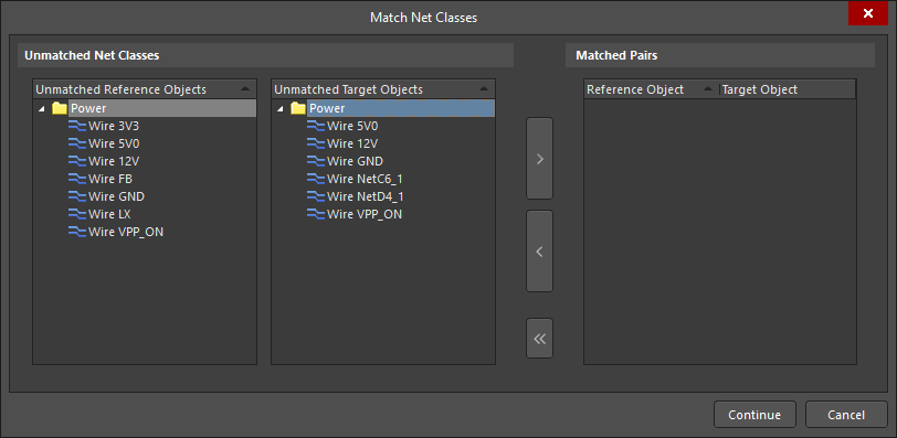 Диалоговое окно Match &lt;ТипОбъектов&gt; используется для сопоставления объектов вручную. Оставьте область справа пустой и нажмите Continue, если вы не уверены.