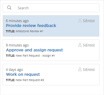 Example listing of outstanding tasks for user SiEntist.