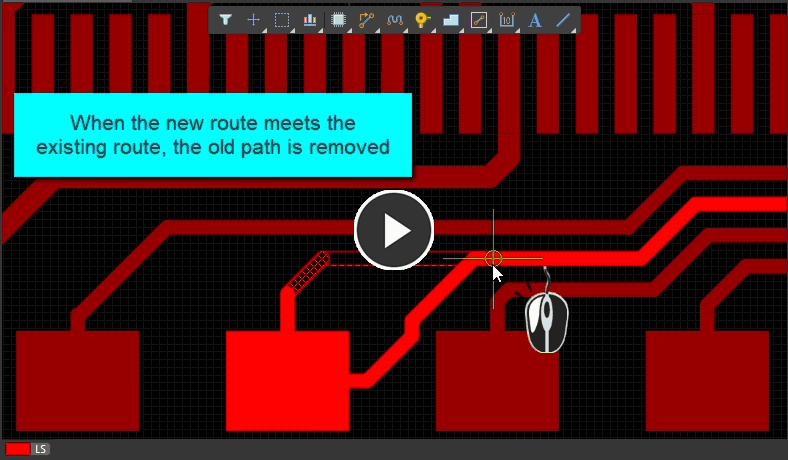 To re-route, simply route the new path. When the new route comes back to meet the existing route, a loop is created. Altium Designer will automatically remove this if Loop Removal is enabled.