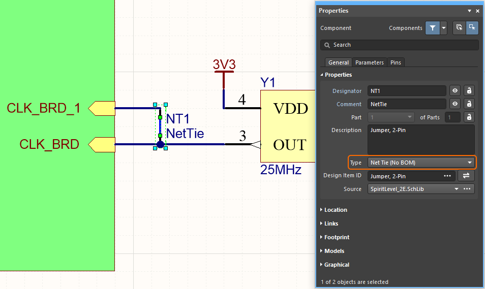 A Net Tie component being used to route a single clock to two FPGA clock pins on the schematic.
