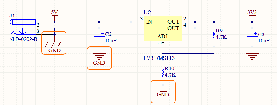 是网络名称决定了电源端口连接到哪个网络，而不是符号的样式 - 这三个突出显示的电源端口都连接到GND电源网络。