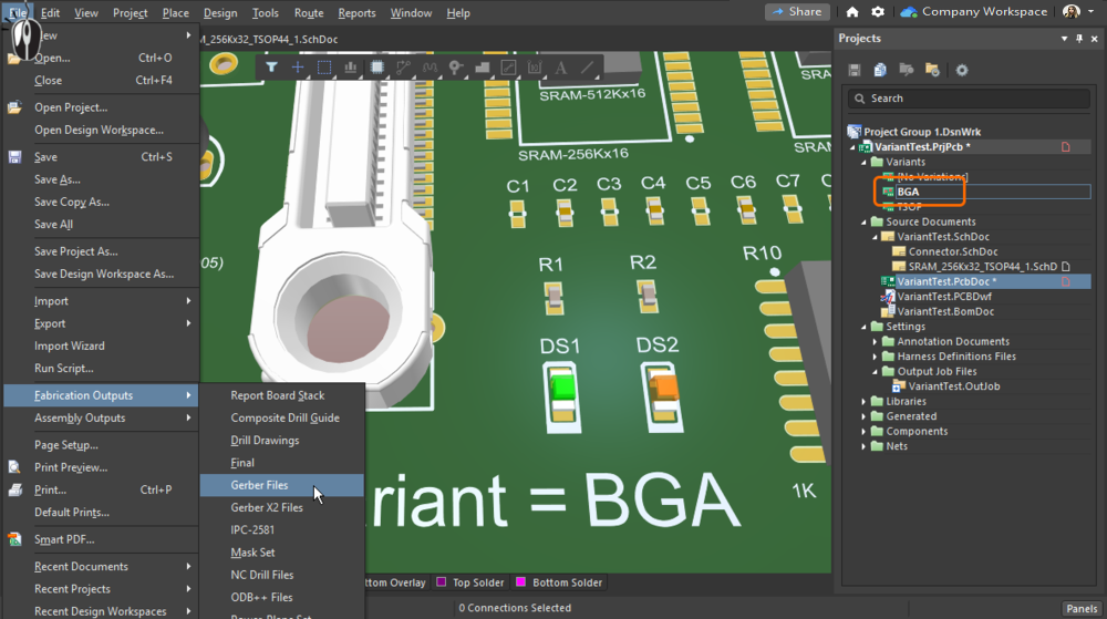 Output generated directly from the schematic or PCB editor menus is based on the variant selected in the Projects panel.