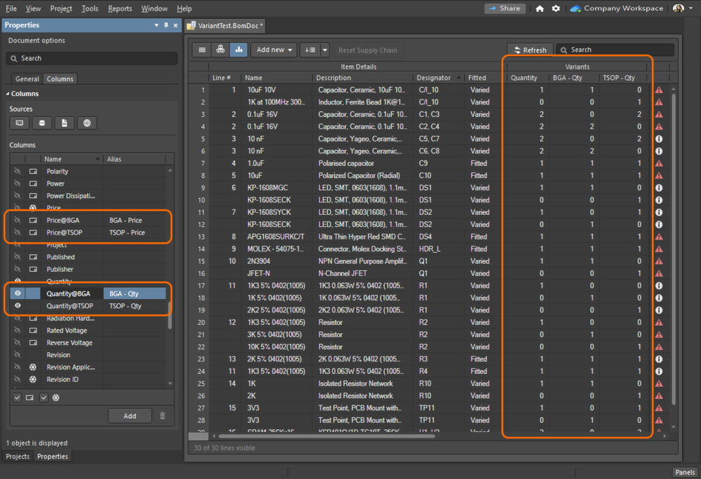 ActiveBOM includes a consolidated view mode, allowing a single bom to detail the parts in all variants. 
