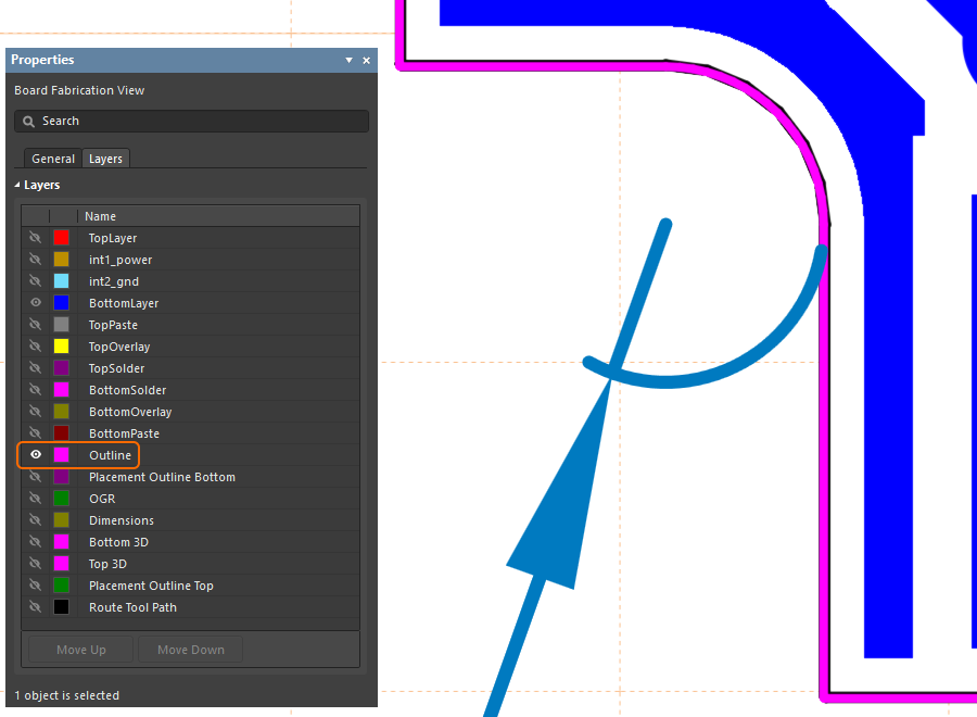 Кривая в контуре платы формируется из набора коротких прямых сегментов. Добавьте контур в механический слой, чтобы добавить размер к кривой. Наведите курсор мыши на изображение, чтобы увидеть контур.