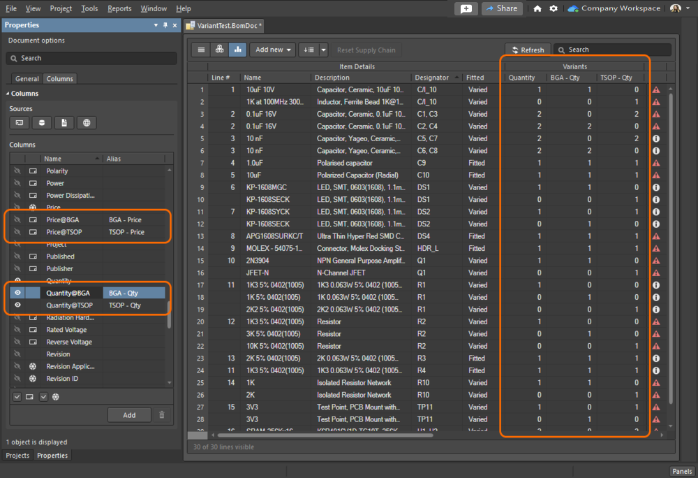 ActiveBOM includes a consolidated view mode, allowing a single BOM to detail the parts in all variants. 