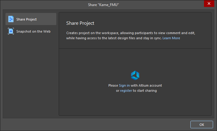The Share dialog when not signed in to your Altium account and not connected to a Workspace