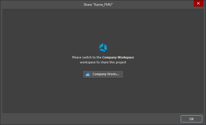 The Share dialog when you are connected to a different Workspace