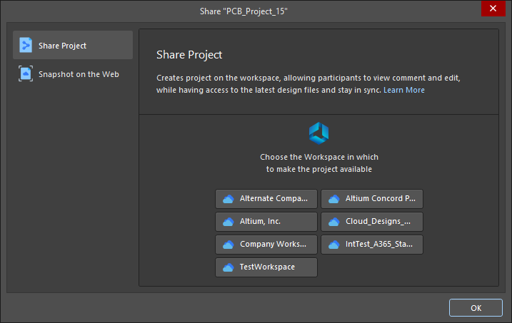 The Share dialog when attempting to share an open project that is not registered with a Workspace and no Workspace is connected