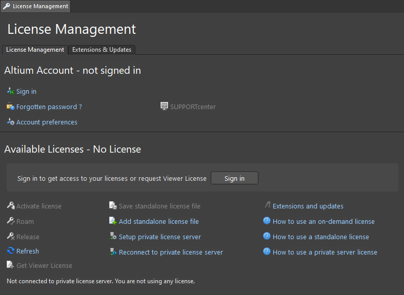 The License Management page is command central for getting Altium Designer licensed.