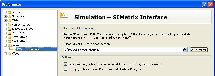 Figure 1: Simulation - SIMetrix Interface options
