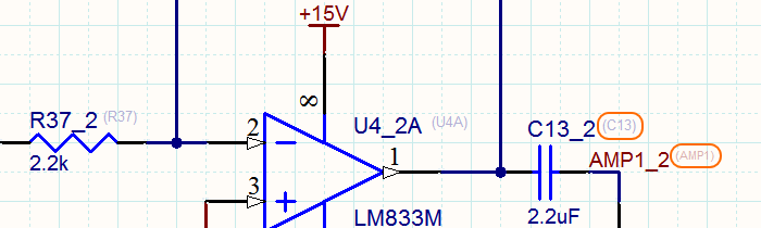 多通道设计的通道2（CIN2）视图。注意原始逻辑原理图的指示符和网络名称是如何显示为上标的。