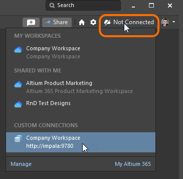 Connecting to your Enterprise Server Workspace from within Altium Designer, when that Workspace is already known.