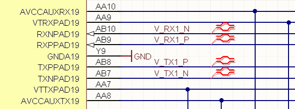 在电路图上放置指令以定义差分对。在此示例中，将在PCB中生成两个名为V_RX1和V_TX1的差分对。