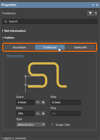 Press Tab after launching the Interactive Length Tuning command to select the pattern.