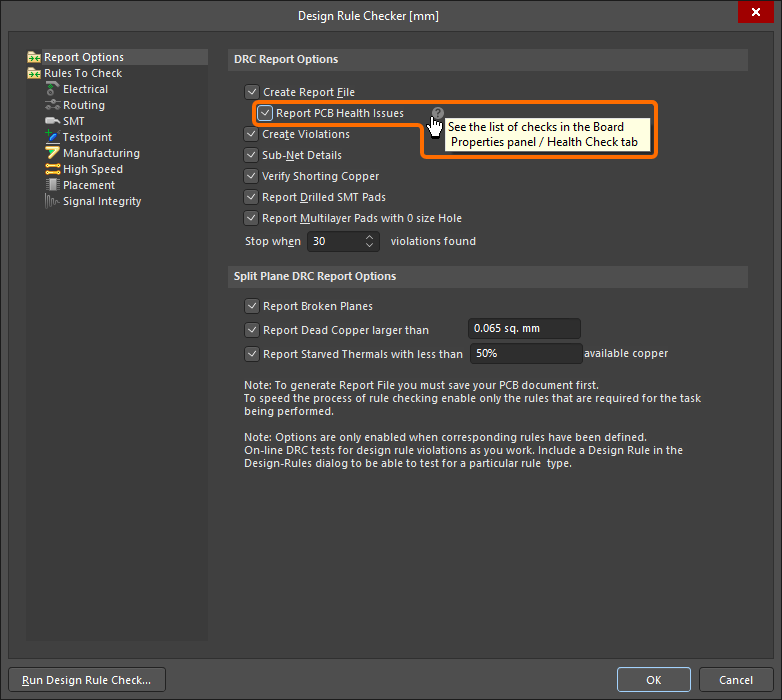 The Report PCB Health Issues option in the Design Rule Checker dialog