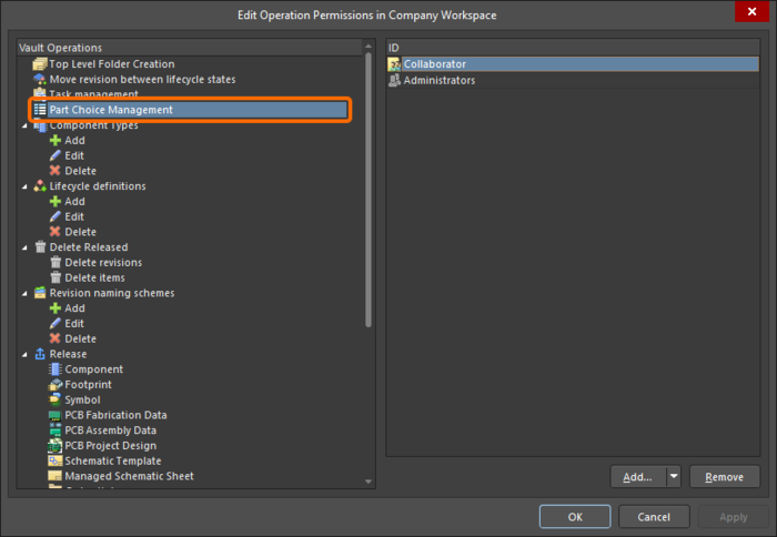 The Part Choice Management entry in the Edit Operation Permissions dialog