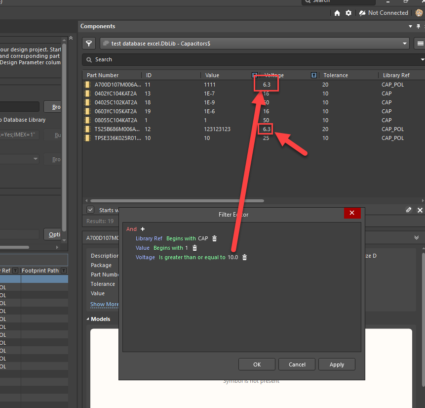 Components Panel Filter Not Correctly Filtering On Database Value Parameter Altium Designer Knowledge Base