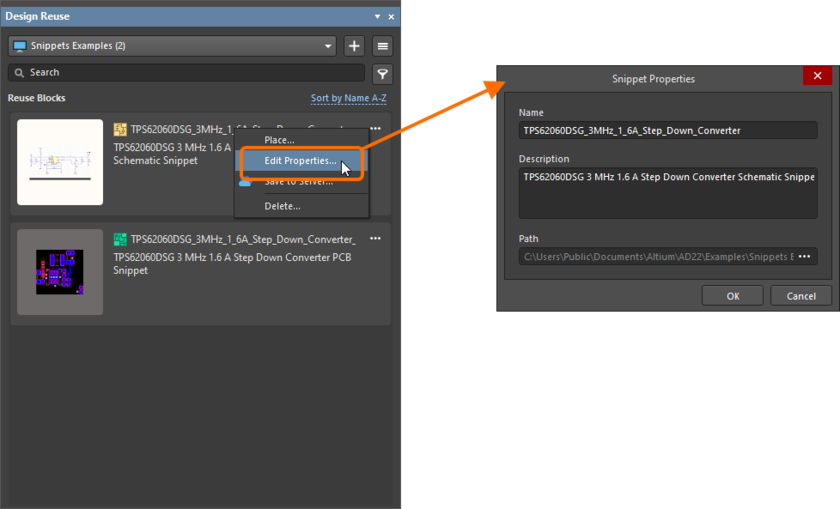 Edit properties of a local snippet using the Snippet Properties dialog accessed from the Design Reuse panel.