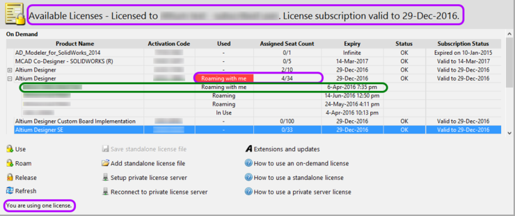 The Available Licenses region will update to reflect your use of a seat of the selected license in Roaming mode. The Expiry column indicates when roaming

time will expire.