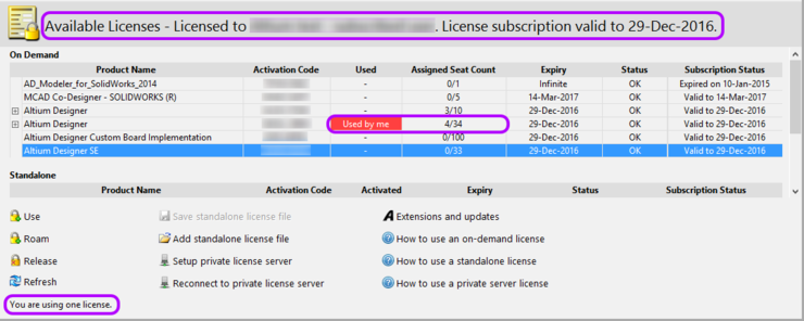 The Available Licenses region will update to reflect your use of a seat of the selected license in On-Demand mode.