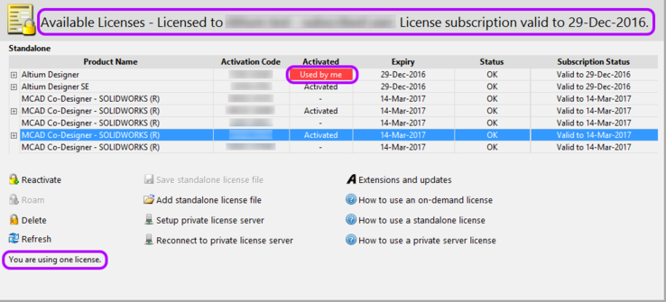 The Available Licenses region will update to reflect your use of the Standalone license.