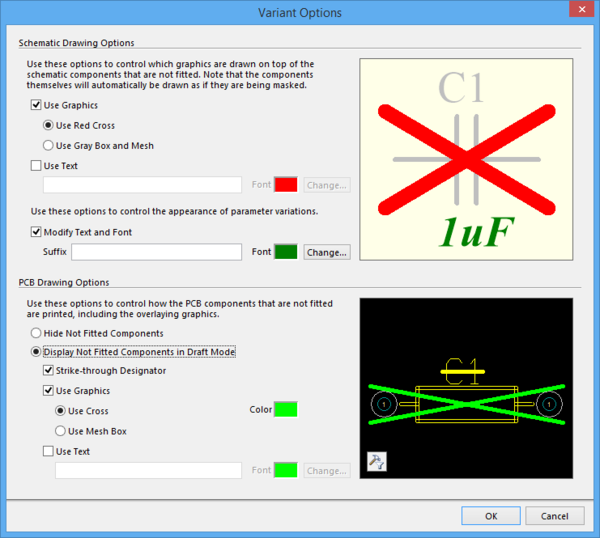 Use the Variant Options dialog to configure how variants are presented on the schematic and in PCB drawing outputs.