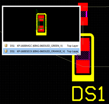 The two instances of LED DS1 use exactly the same footprint pattern (but have different 3D models in each variant) and can therefore be stacked.