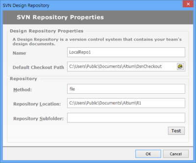 Locate an existing VCS repository to be registered in Altium Designer, and therefore be available for including design files under version control.