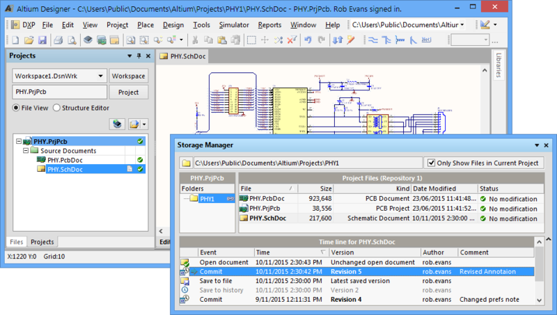 Altium Designer's built in Version Control interface can be accessed directly from the Projects panel or from the Storage Manager panel, where more option are available.