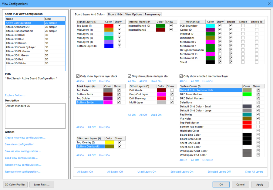 The display of all layers is controlled in the View Configurations dialog.