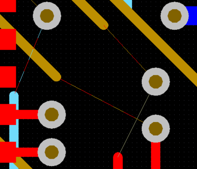 Connection lines can be displayed in their start-and-end layer colors. In the image on the right, a number of nets have had routing segments removed to show how the connection lines display.
