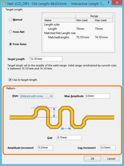 Controls related to the accordion pattern, accessed through the Interactive Length Tuning dialog.