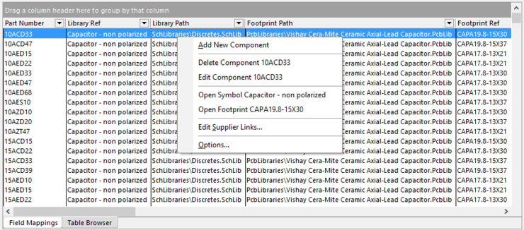 Accessing commands to modify the selected table in the linked database.